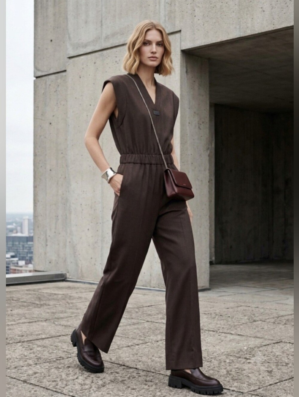 ☆ G-Star Raw Sleeveless V-Neck Wide-Leg Jumpsuit in  Chocolate Brown